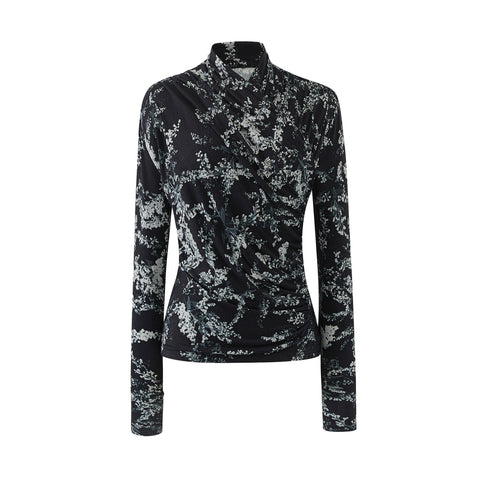 Crossover Jersey Top-Black Grey Flower Print