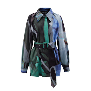 Abstract Print Pleat Belted Jacket