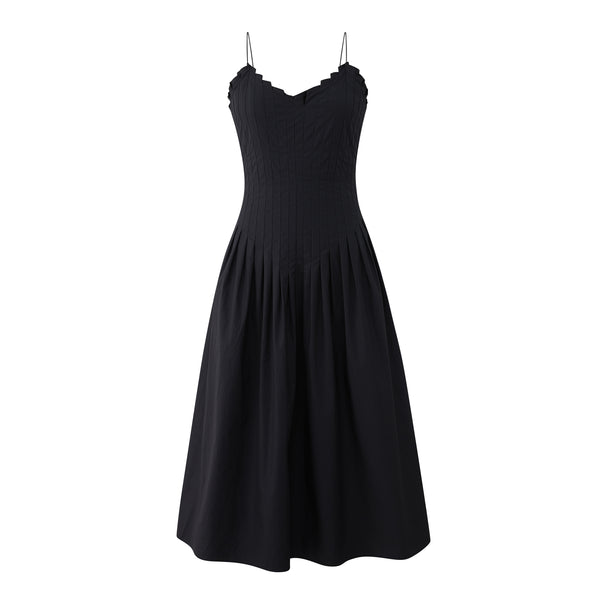Black Cotton Pleated Strappy Dress