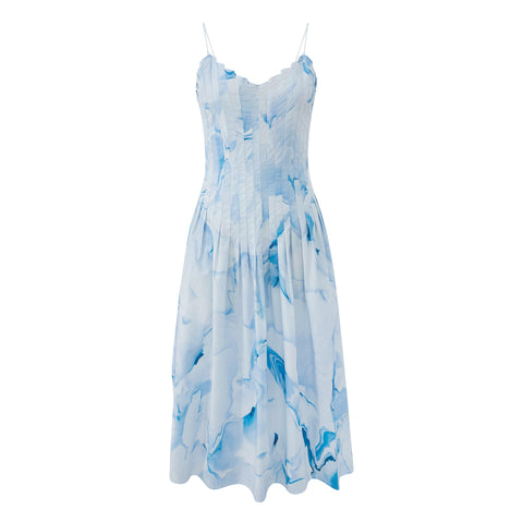 Blue Flower Wave Pleated Strappy Dress