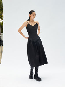 Black Cotton Pleated Strappy Dress