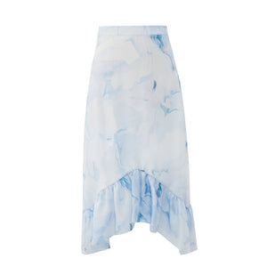 Blue Flower Wave Dip Hem Skirt