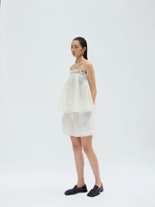 White Trapped Thread Ruffle strap top